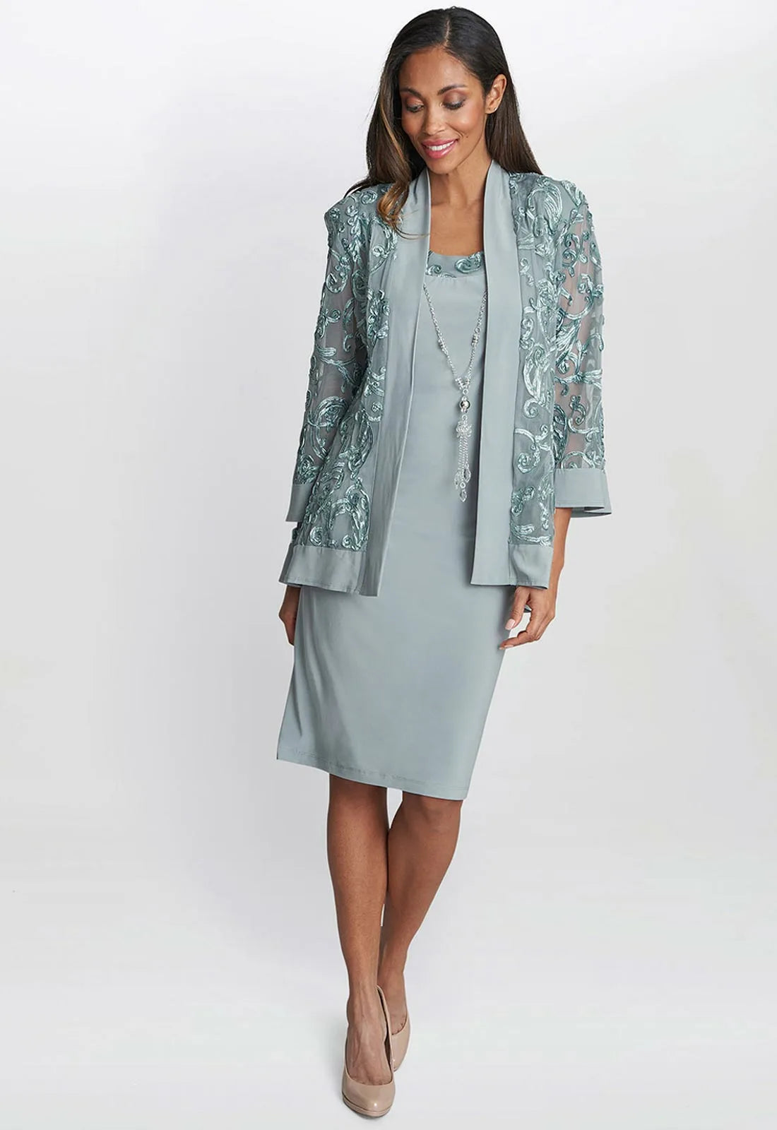 Gina Bacconi Sage Beverley Dress jacket and necklace