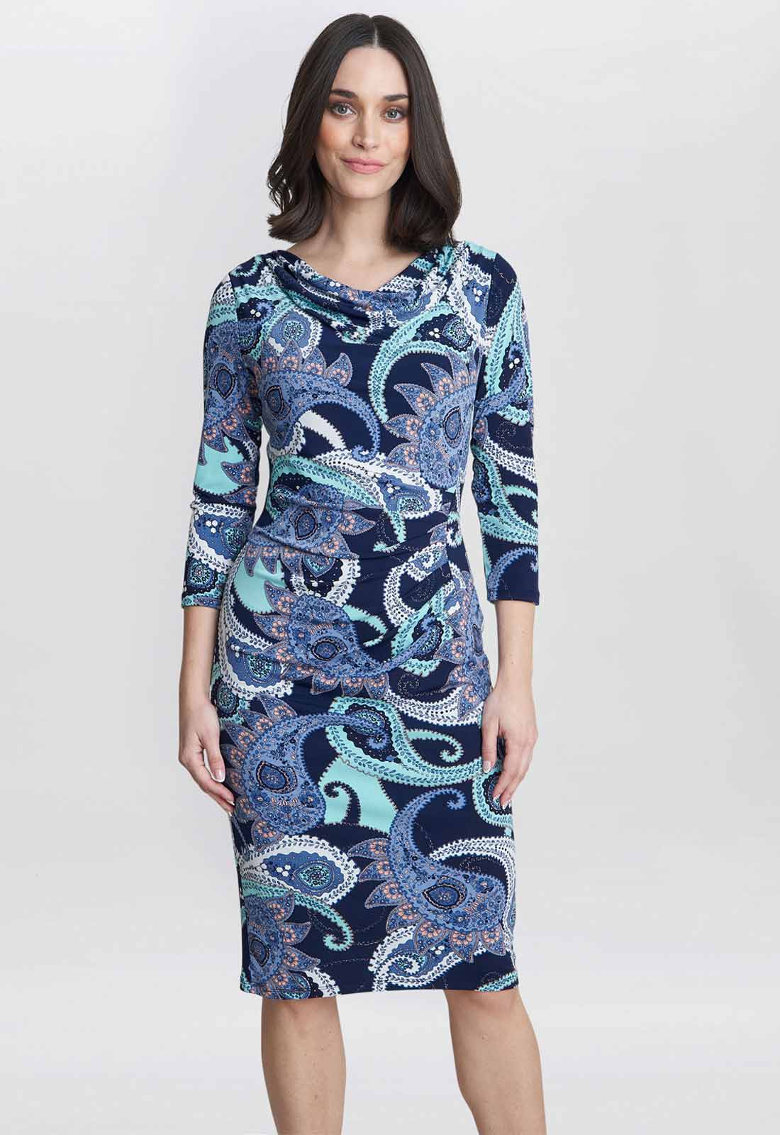 Gina Bacconi Blue Alyssa Printed Jersey Cowl Neck Dress