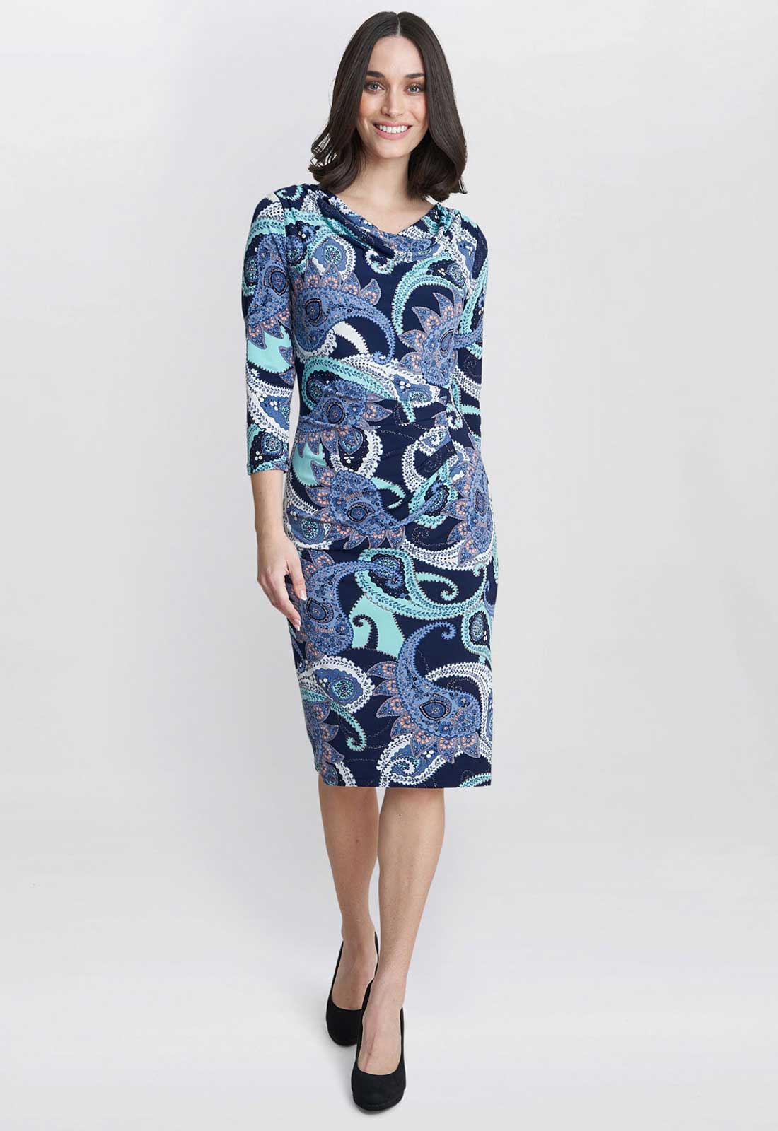 Gina Bacconi Blue Alyssa Printed Jersey Cowl Neck Dress