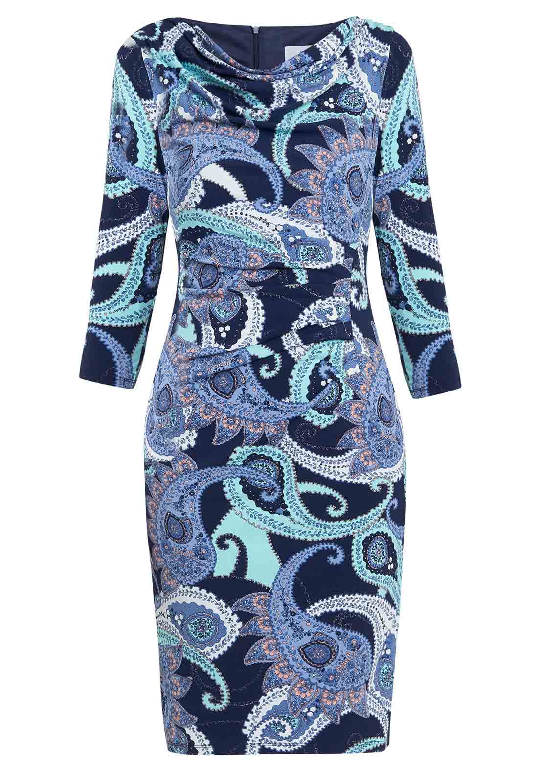 Gina Bacconi Blue Alyssa Printed Jersey Cowl Neck Dress