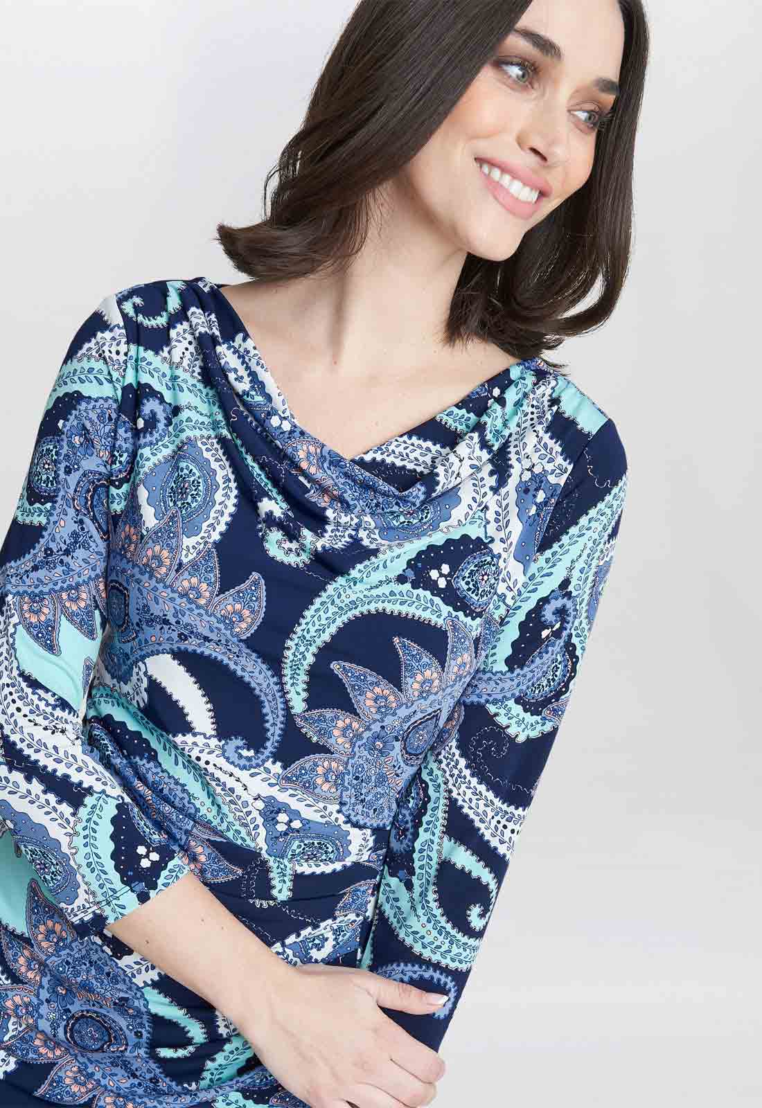 Gina Bacconi Blue Alyssa Printed Jersey Cowl Neck Dress