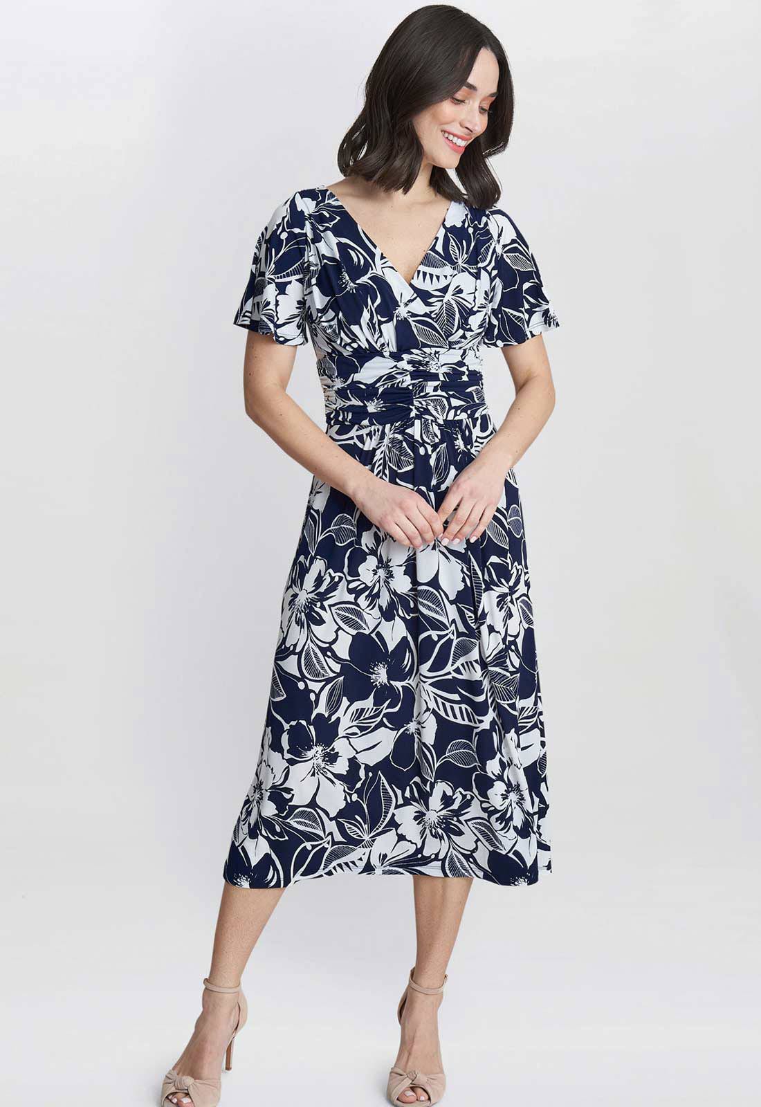 Gina Bacconi Navy and White Gemma Jersey Print Dress