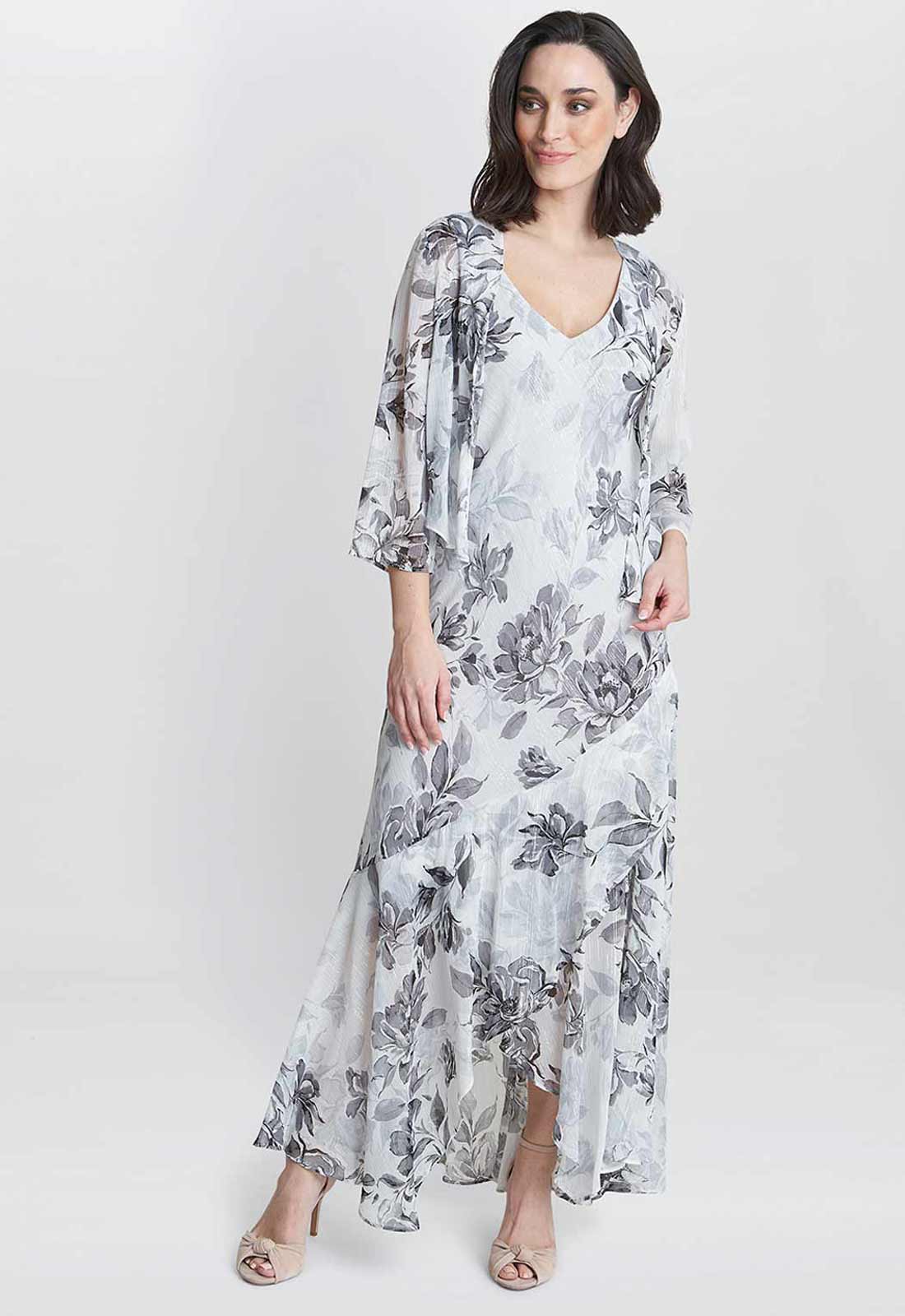 Gina Bacconi Grey Mandy Midi Length Sleevless Printed Dress And Jacket