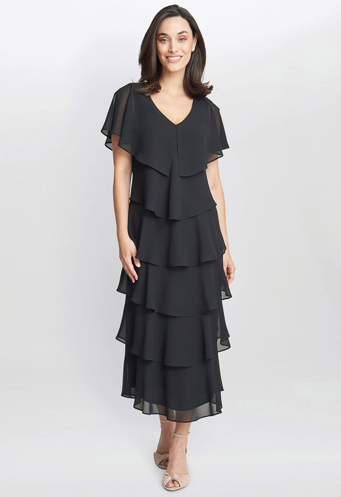 Gina Bacconi Black Rebecca Midi Tiered Dress