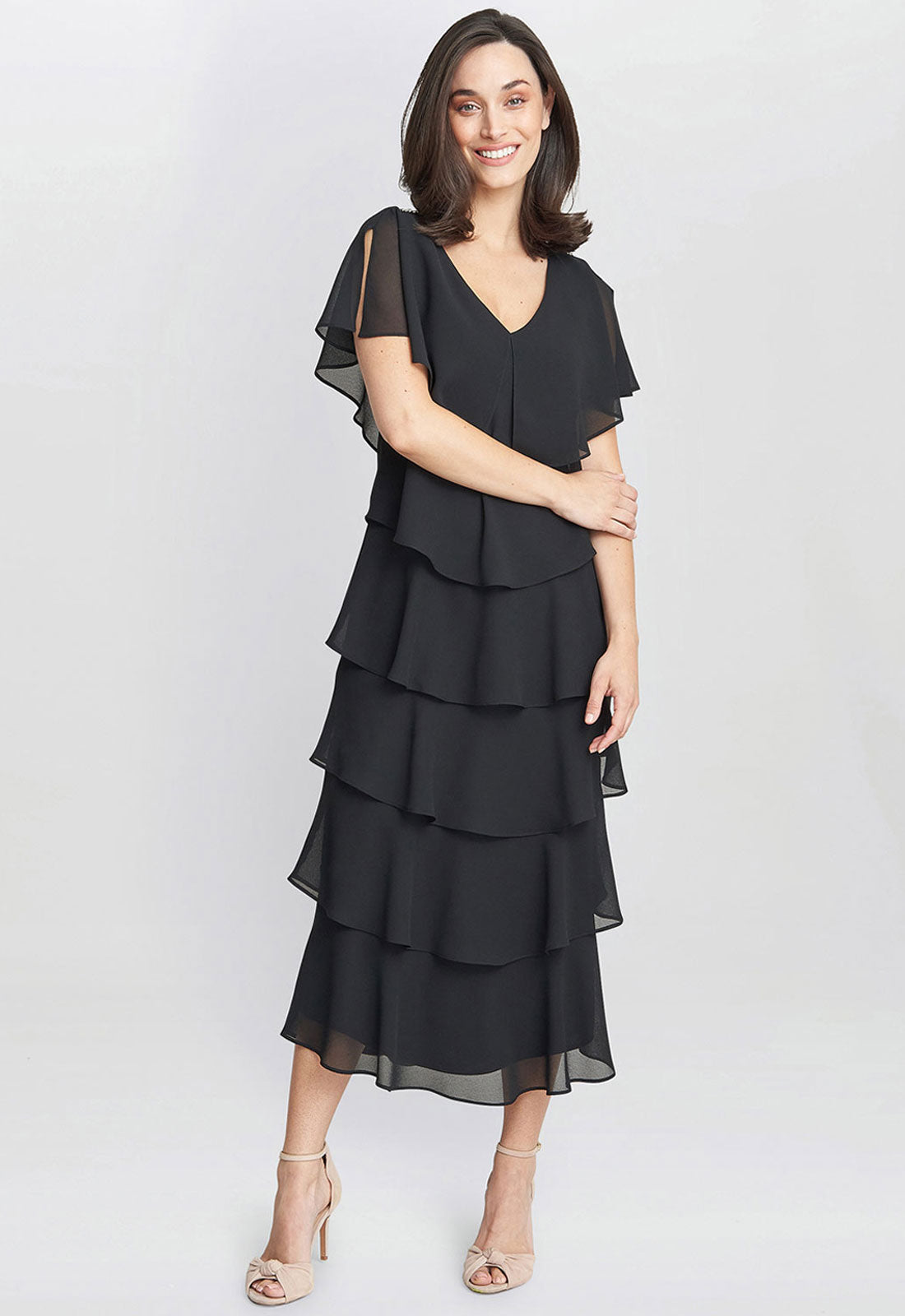 Gina Bacconi Black Rebecca Midi Tiered Dress