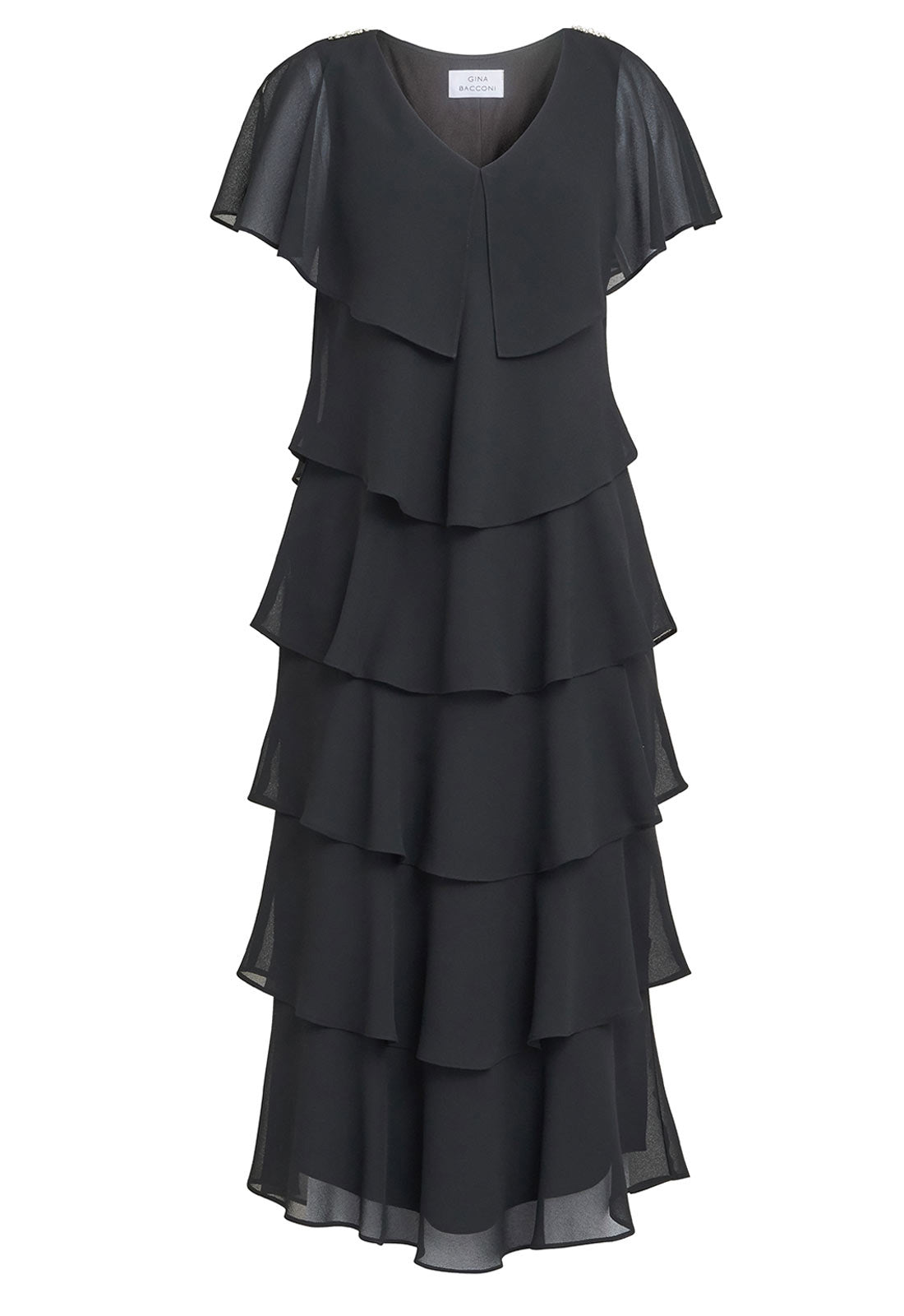 Gina Bacconi Black Rebecca Midi Tiered Dress