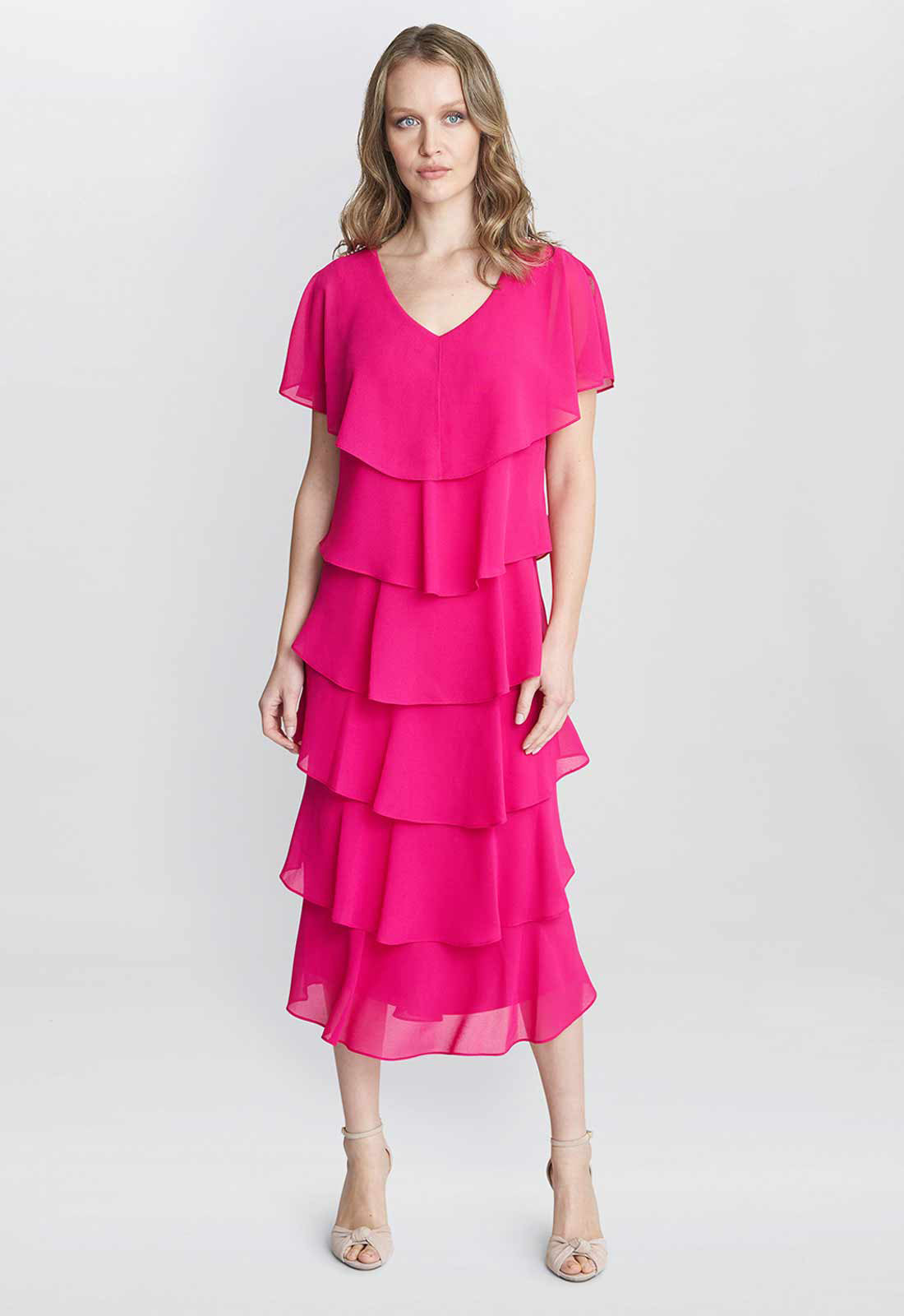 Gina Bacconi Fuschia Rebecca Midi Tiered Dress