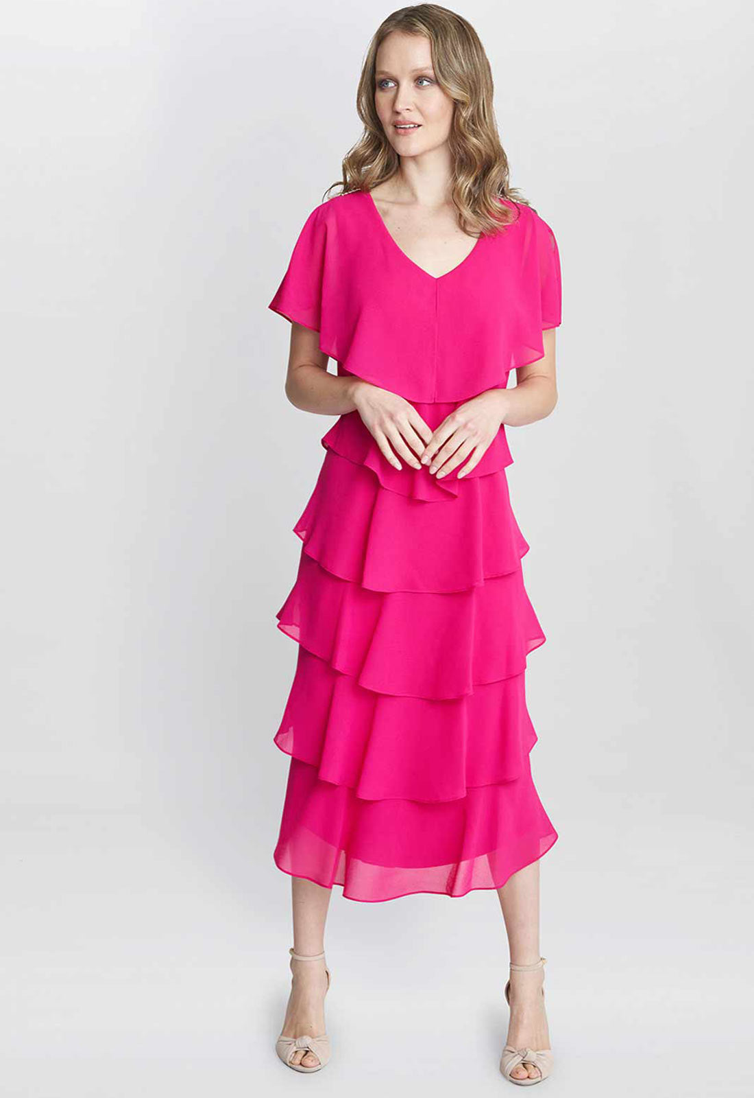 Gina Bacconi Fuschia Rebecca Midi Tiered Dress