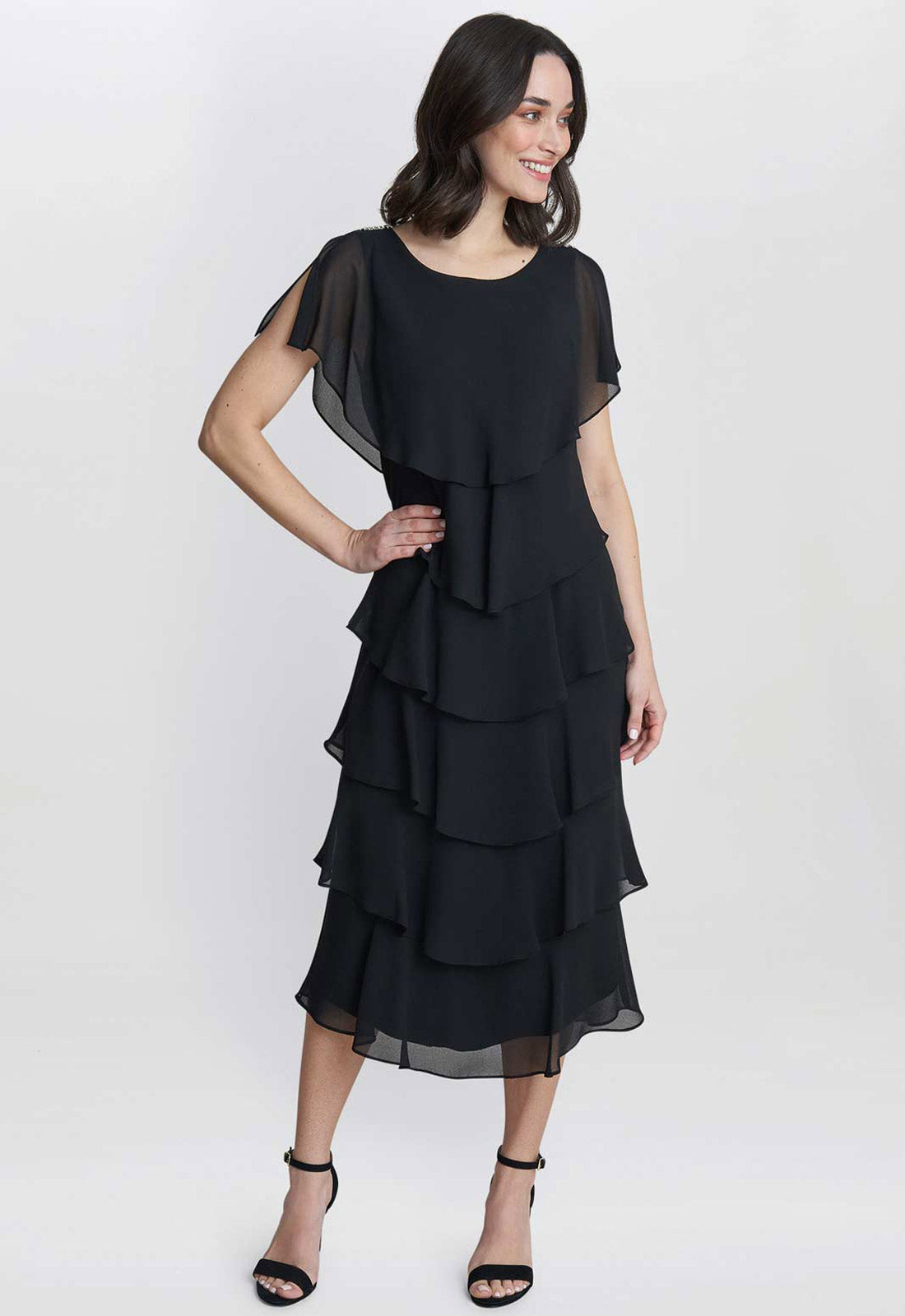 Gina Bacconi Black Tessa Midi Tiered Dress With Shoulder Trim