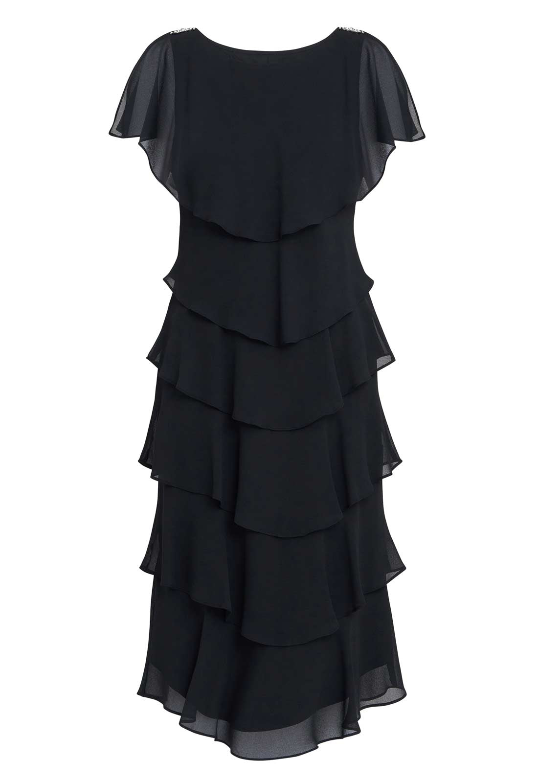 Gina Bacconi Black Tessa Midi Tiered Dress With Shoulder Trim