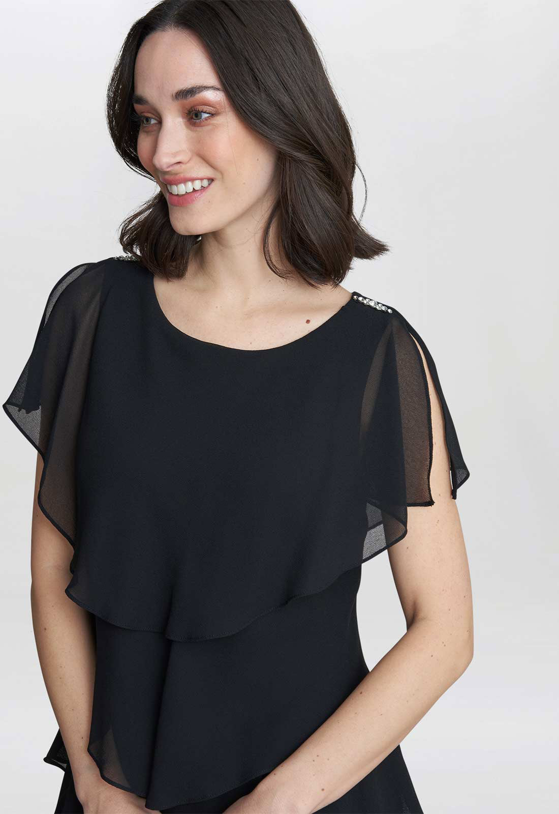 Gina Bacconi Black Tessa Midi Tiered Dress With Shoulder Trim