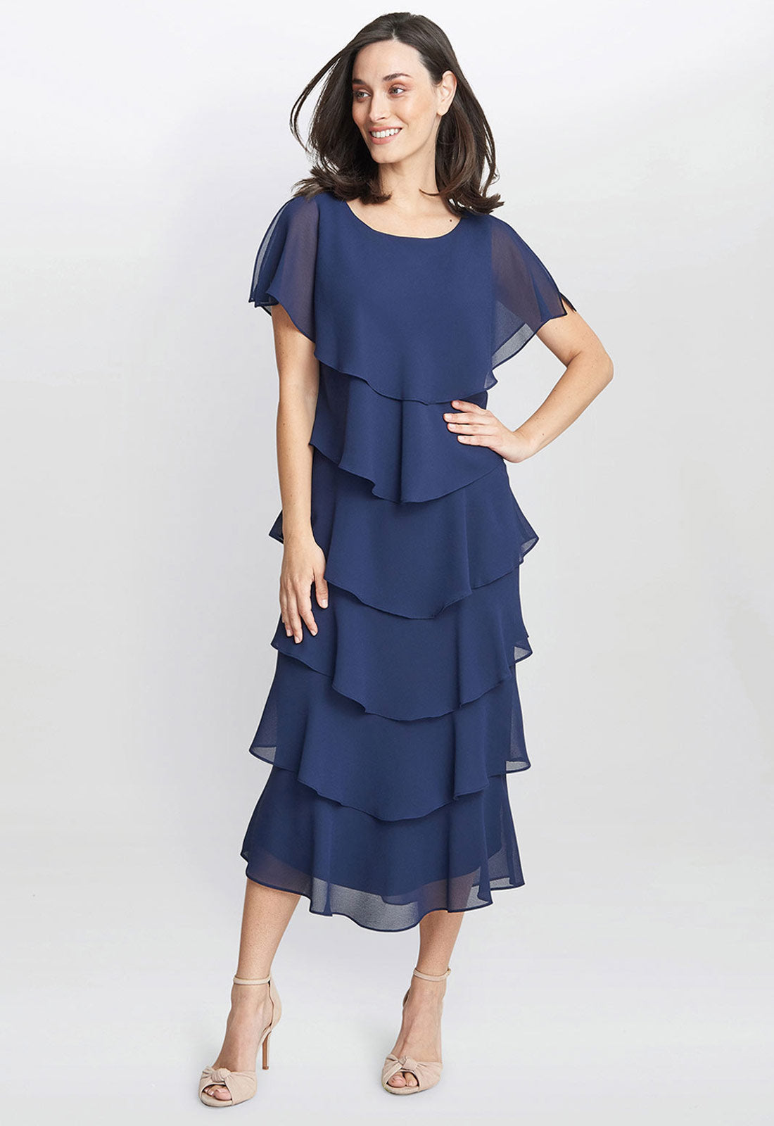 Gina Bacconi Navy Tessa Midi Tiered Dress