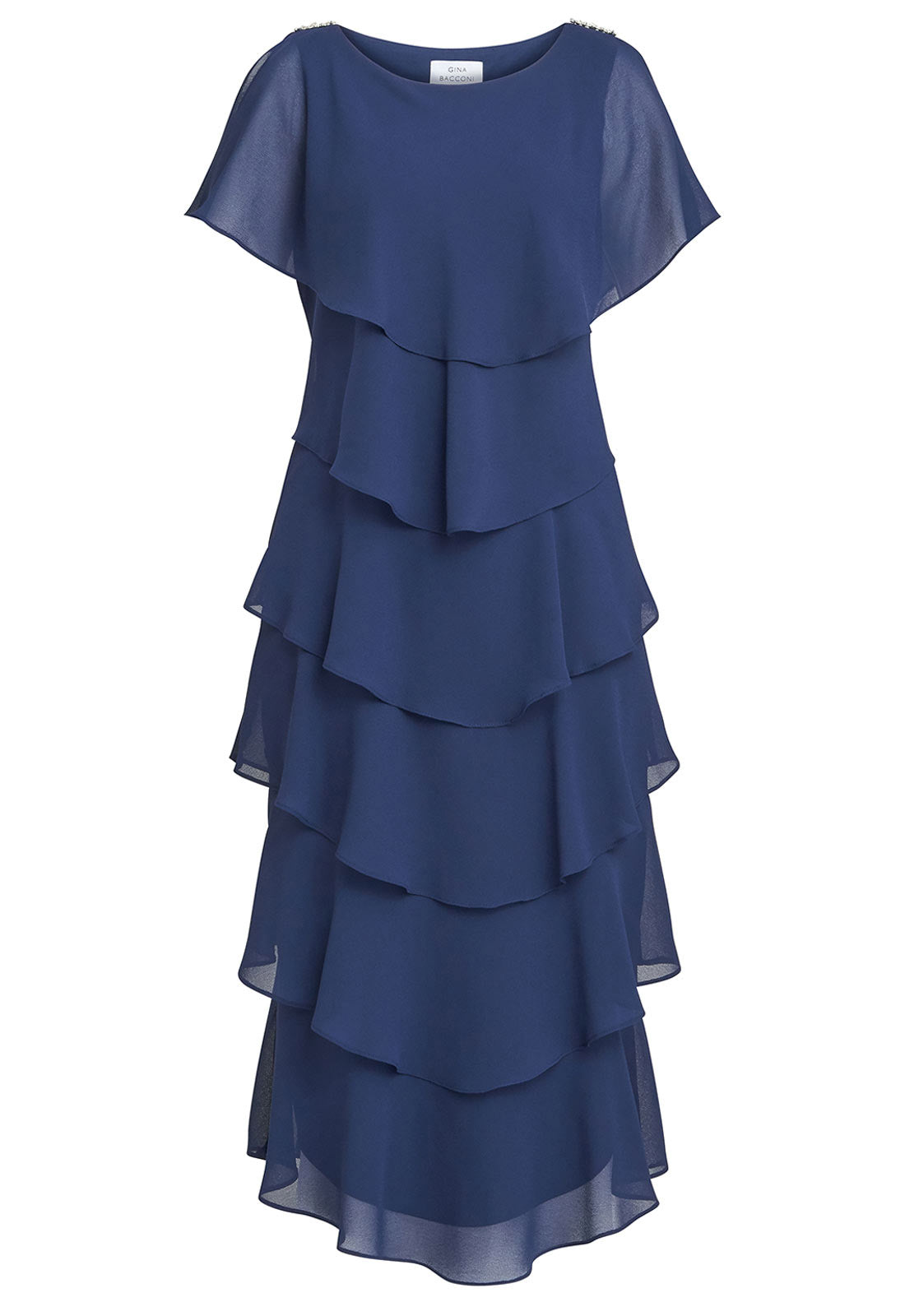 Gina Bacconi Navy Tessa Midi Tiered Dress