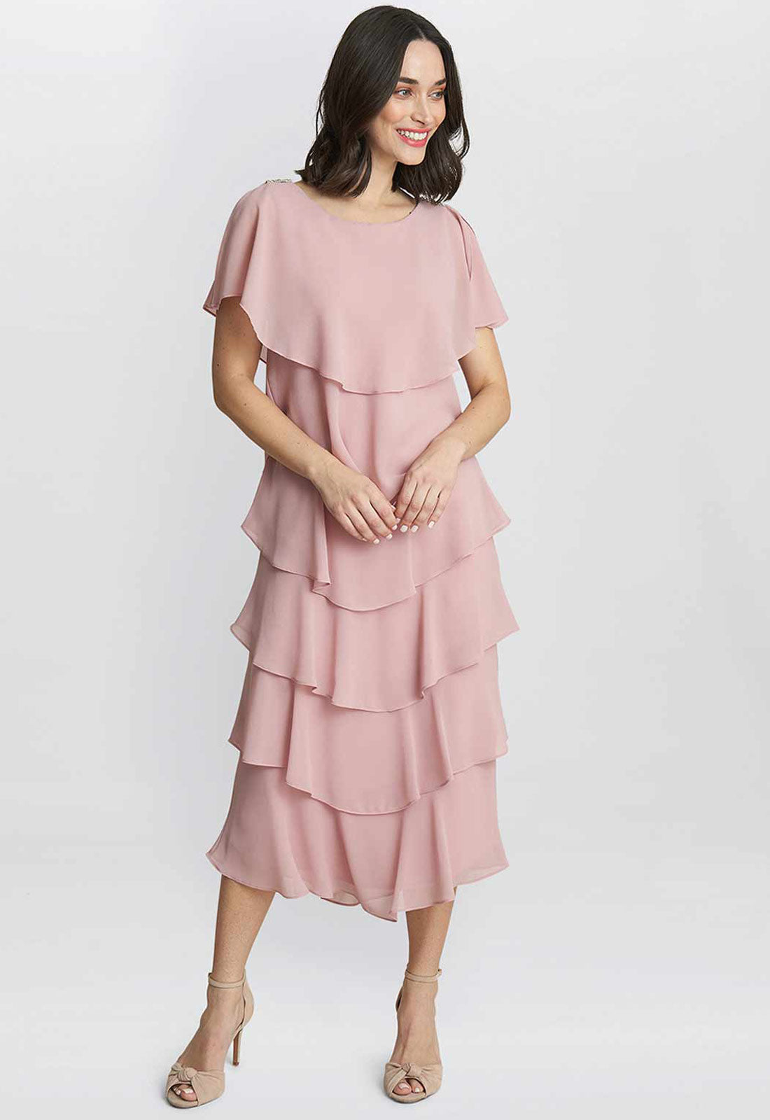 Gina Bacconi  Pink Tessa Midi Tiered Dress 