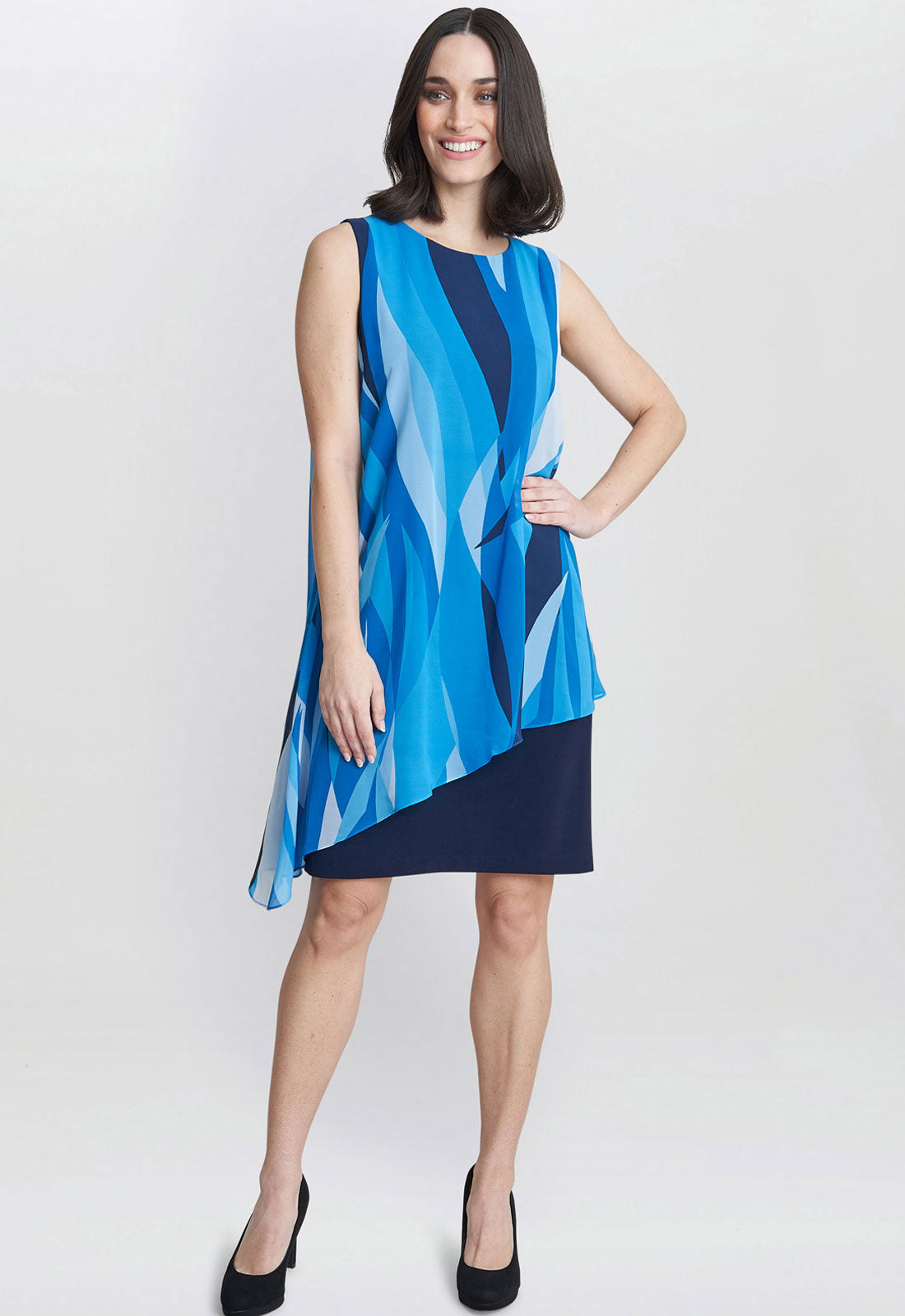 Gina Bacconi Navy and Multi Edie Short Printed Asymmetric Overlay Dress