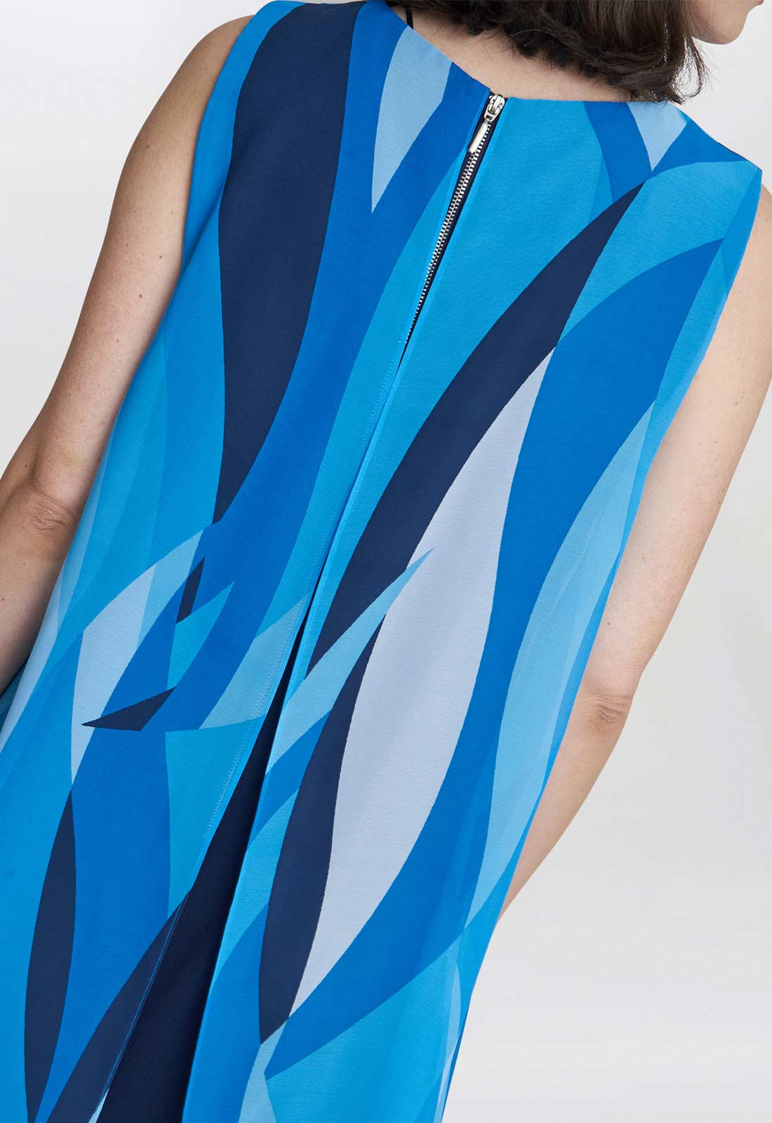 Gina Bacconi Navy and Multi Edie Short Printed Asymmetric Overlay Dress