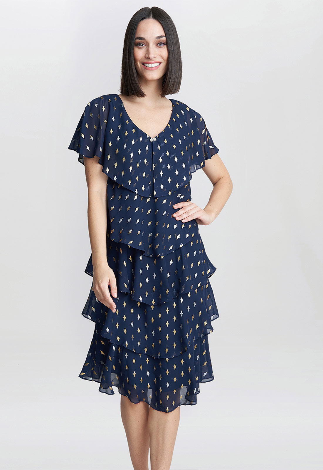 Gina Bacconi Navy Sybil Foil Print Tier Dress