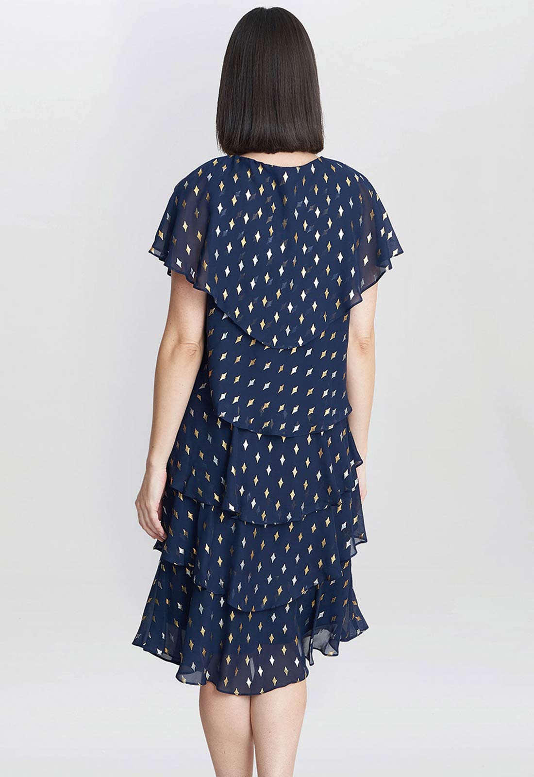 Gina Bacconi Navy Sybil Foil Print Tier Dress