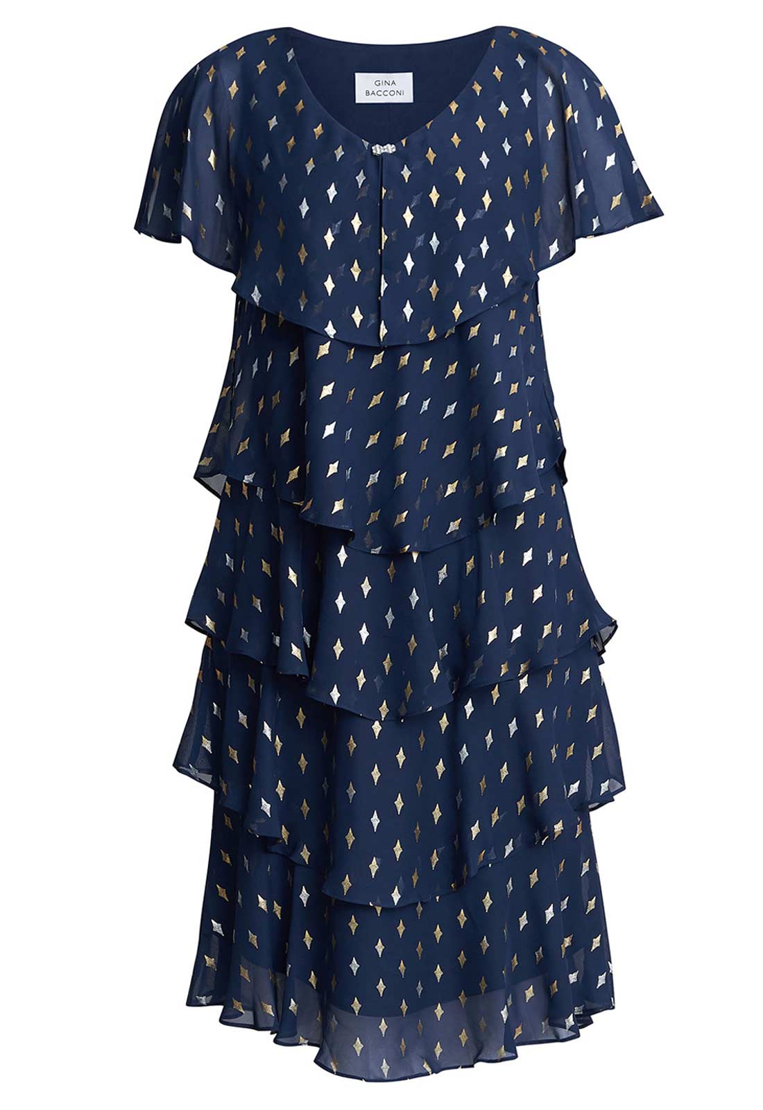 Gina Bacconi Navy Sybil Foil Print Tier Dress