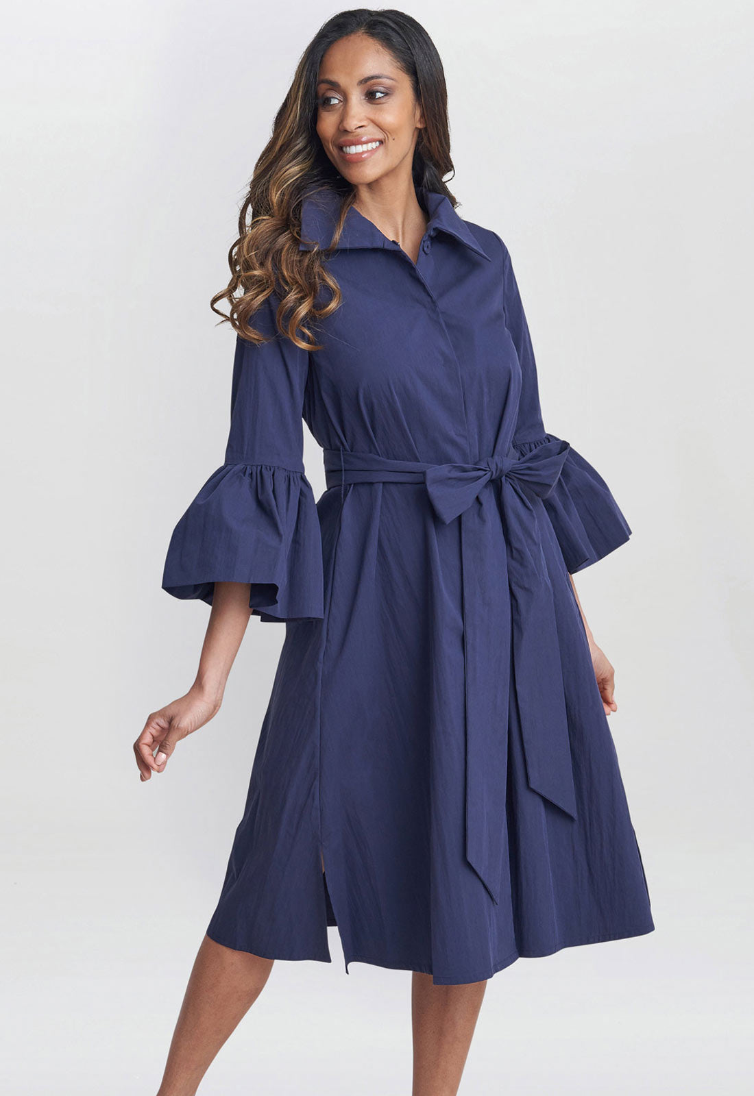 Gina Bacconi Navy Melinda Taffeta Shirt Dress