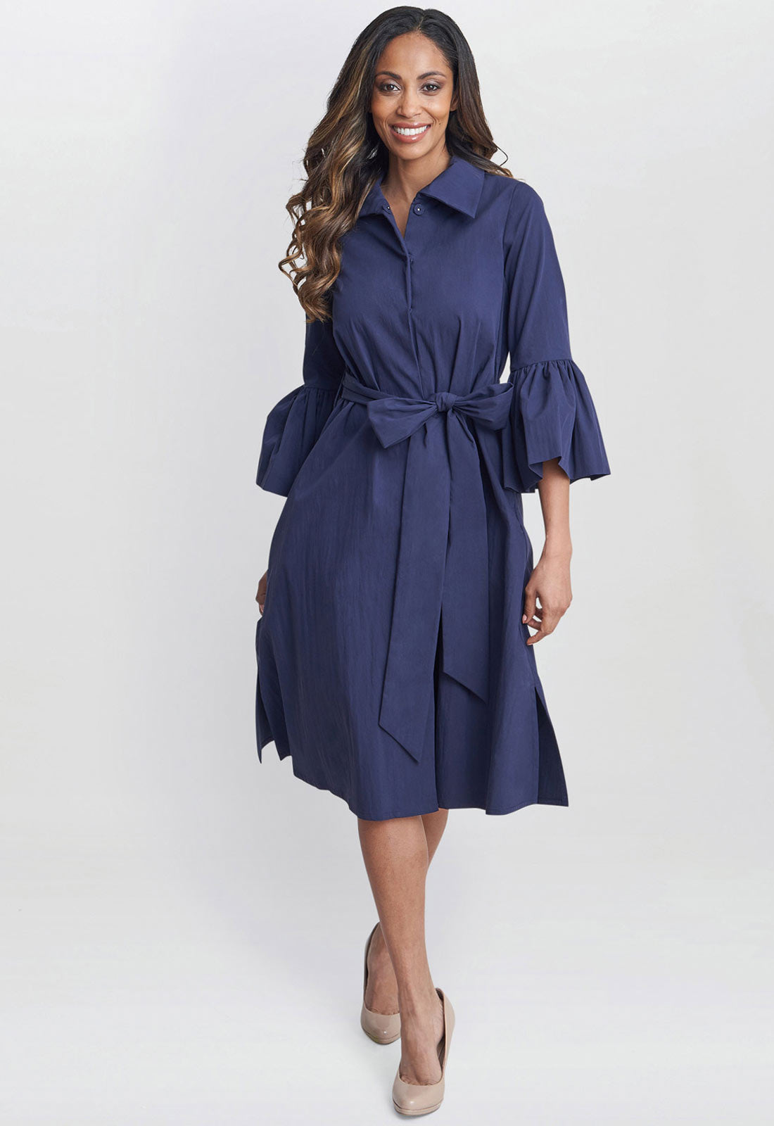 Gina Bacconi Navy Melinda Taffeta Shirt Dress