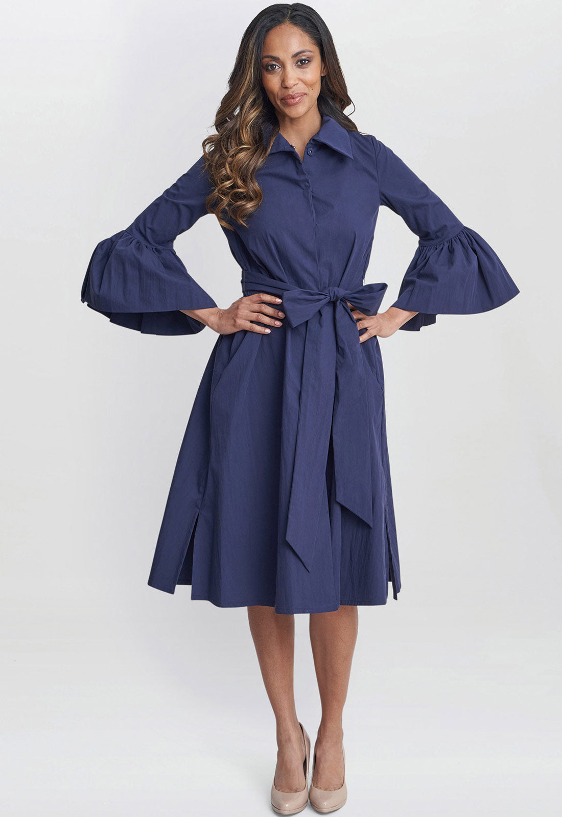 Gina Bacconi Navy Melinda Taffeta Shirt Dress