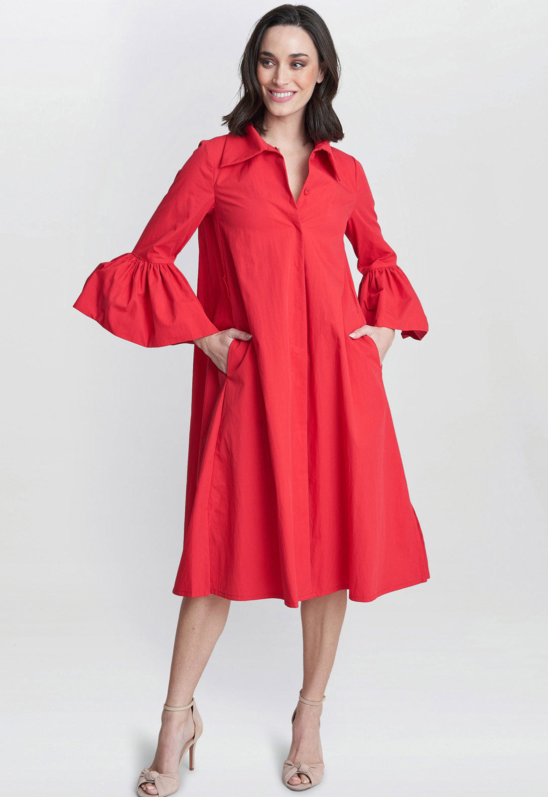 Gina Bacconi Red Melinda Taffeta Shirt Dress