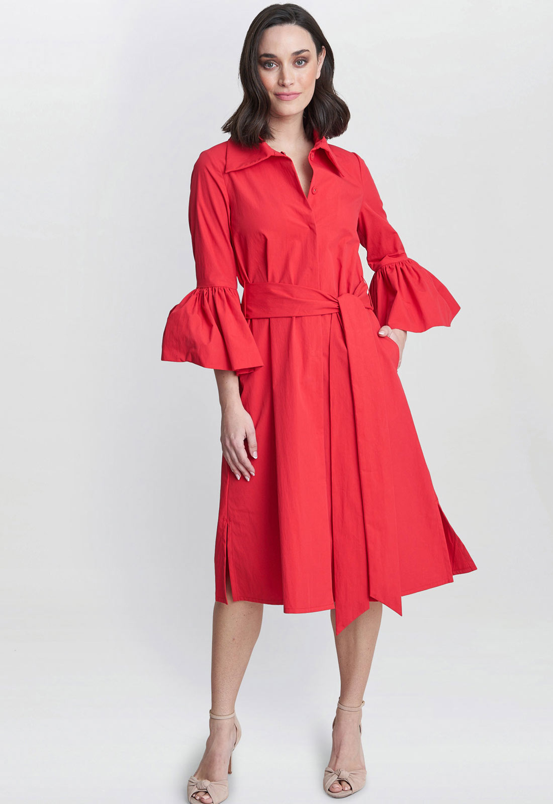 Gina Bacconi Red Melinda Taffeta Shirt Dress