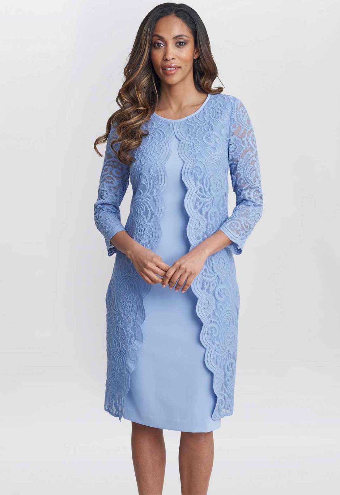 Gina Bacconi Nordic Blue Clarabelle Mock Lace Jacket And Crepe Dress