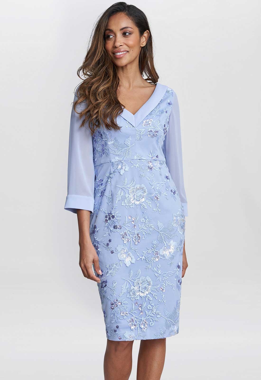 Gina Bacconi Blue Daisy Crepe Dress With Embroidery