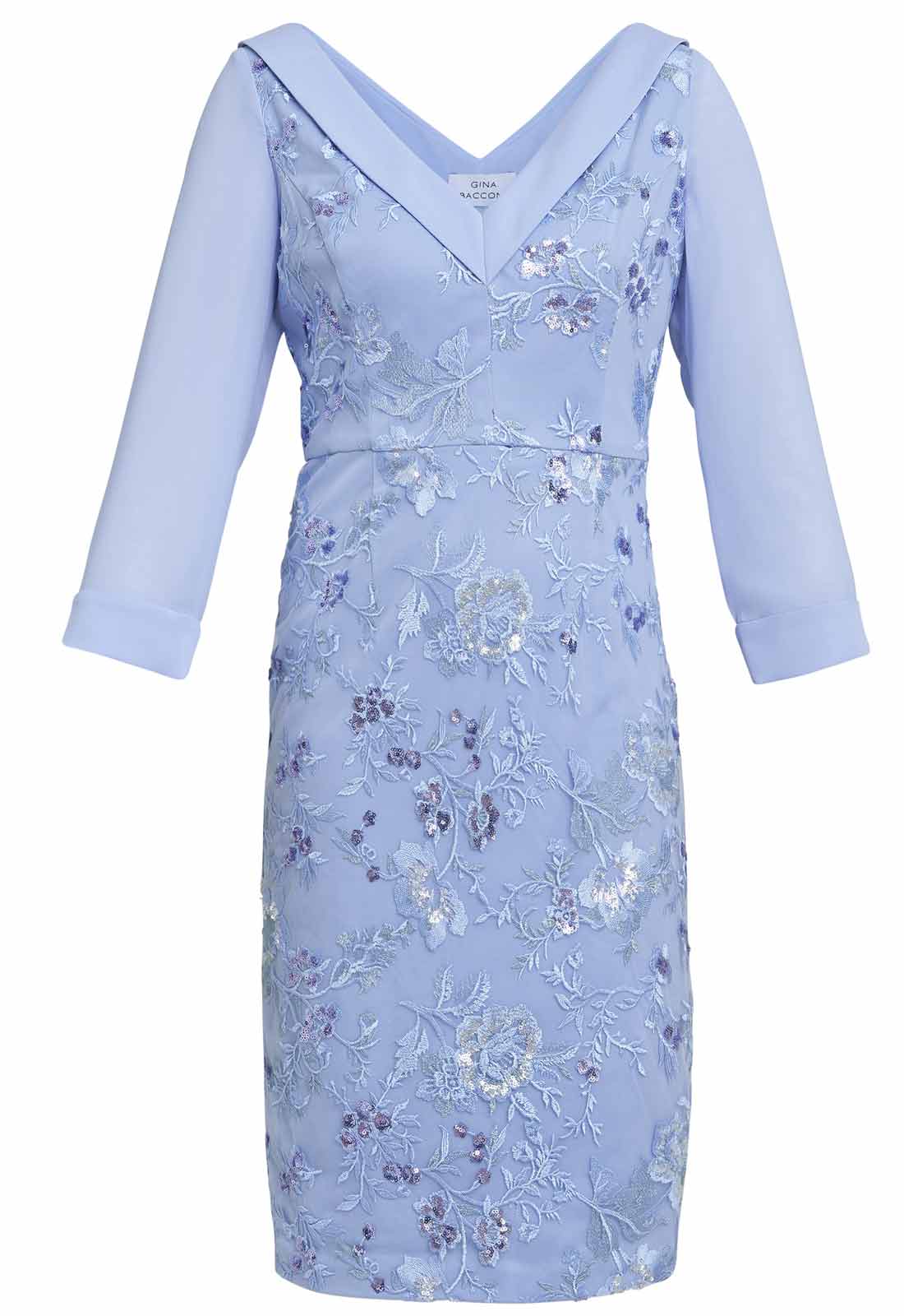 Gina Bacconi Blue Daisy Crepe Dress With Embroidery