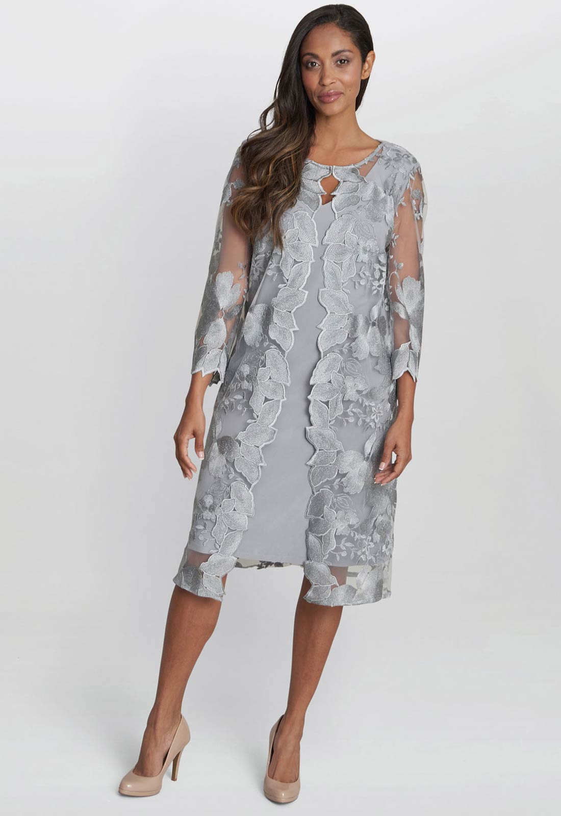 Gina Bacconi Grey Savoy Embroidered Lace Mock Jacket With Jersey Dress