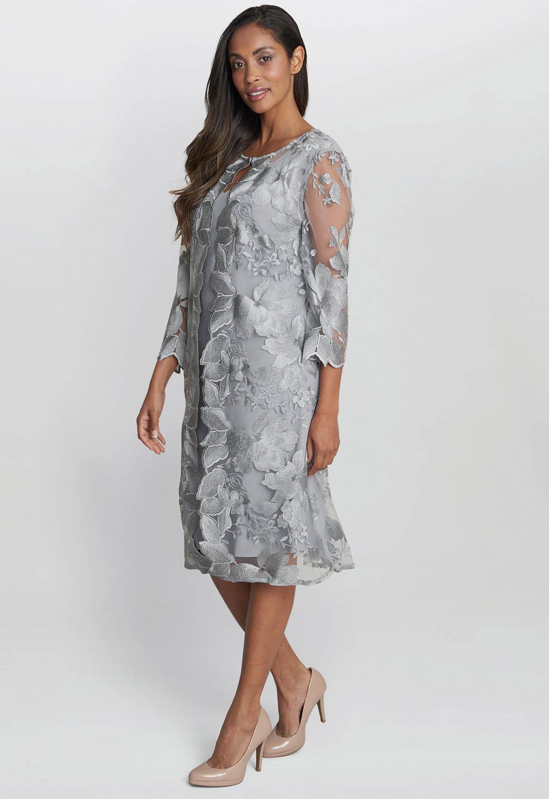 Gina Bacconi Grey Savoy Embroidered Lace Mock Jacket With Jersey Dress