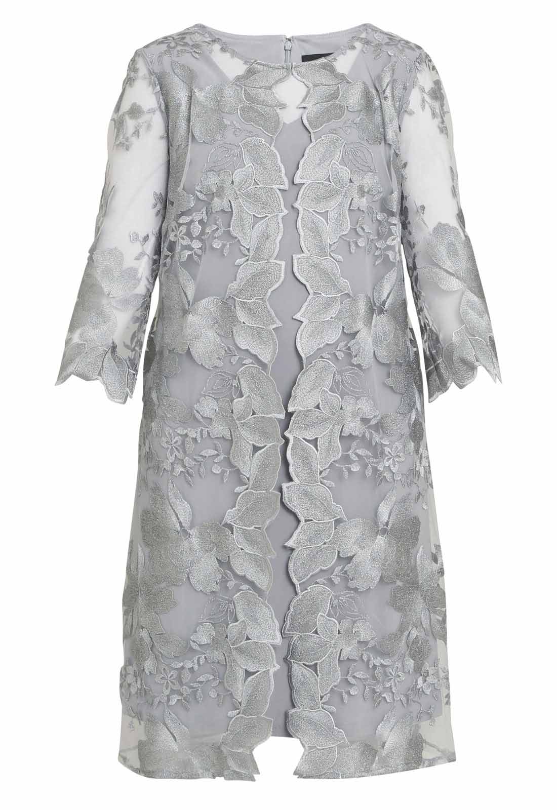 Gina Bacconi Grey Savoy Embroidered Lace Mock Jacket With Jersey Dress