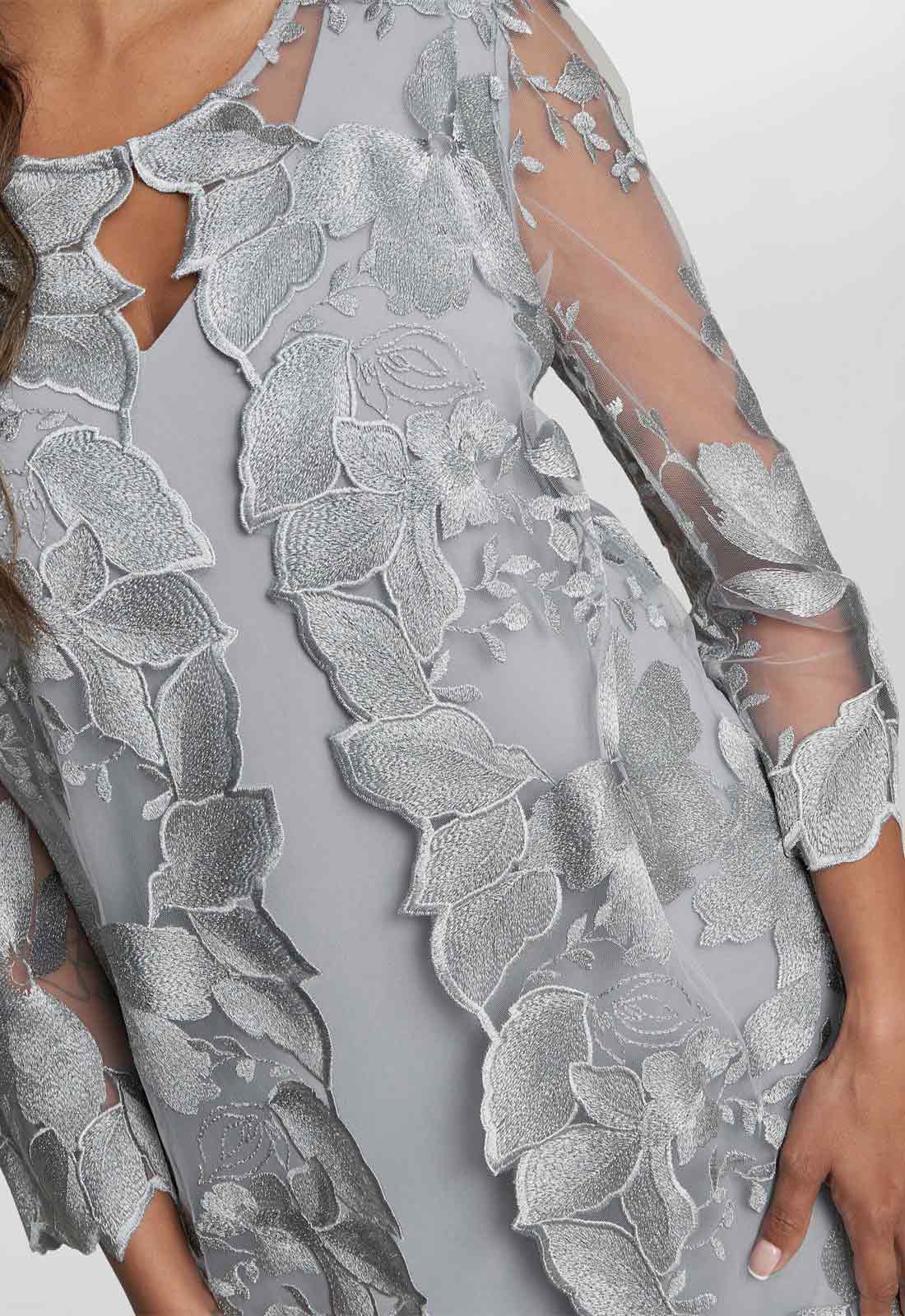 Gina Bacconi Grey Savoy Embroidered Lace Mock Jacket With Jersey Dress