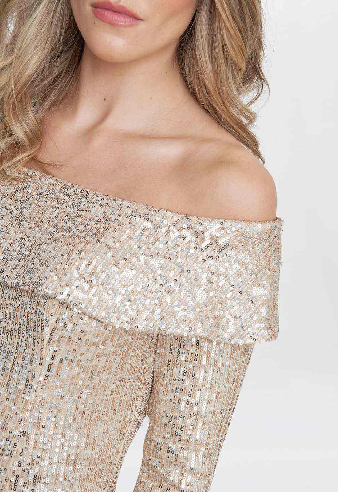 Gina Bacconi Gold Anthea Off The Shoulder Sequin Dress