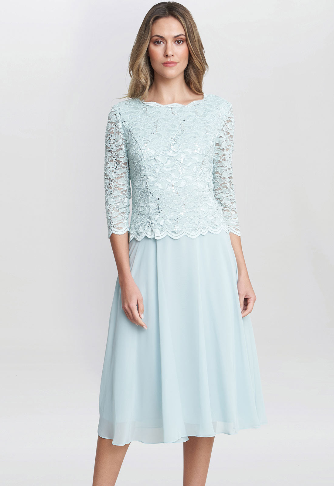 Gina Bacconi Mint Rona Midi Dress With Lace Bodice & Chiffon Skirt