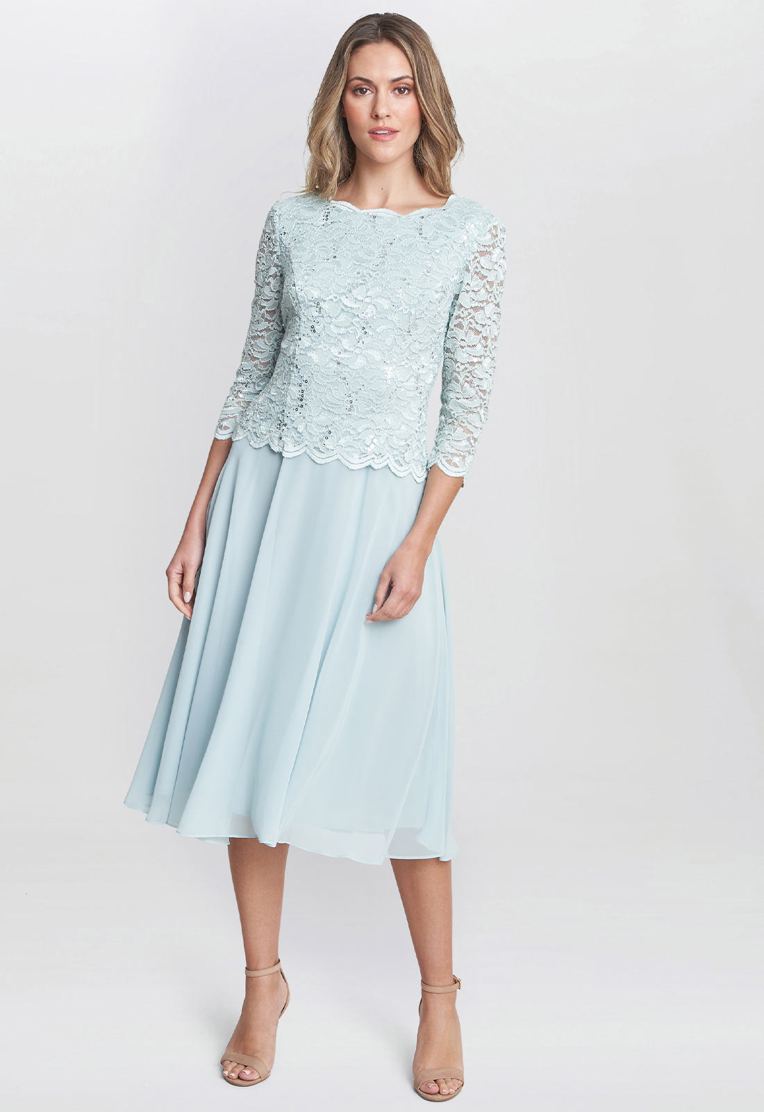 Gina Bacconi Mint Rona Midi Dress With Lace Bodice & Chiffon Skirt