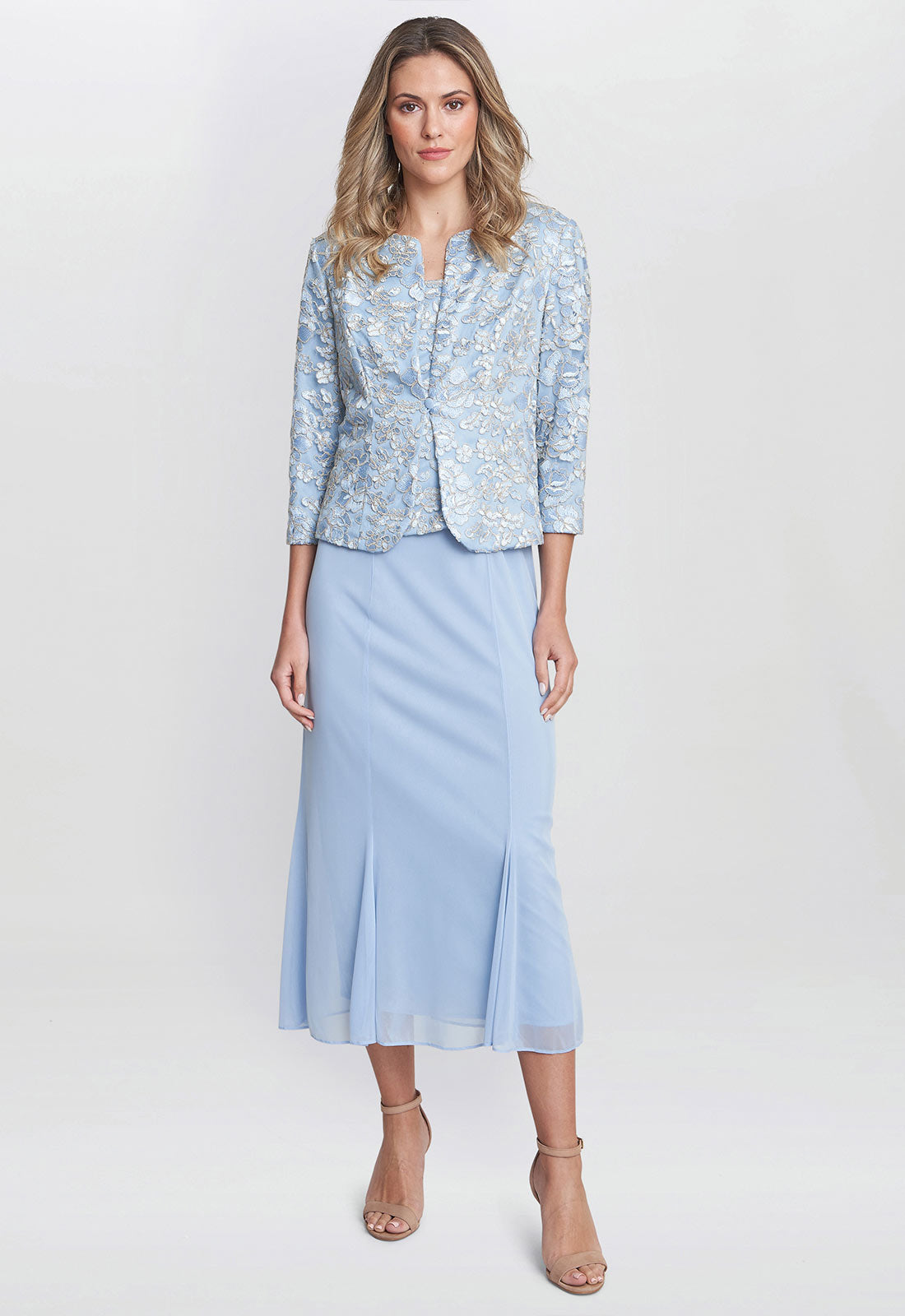 Gina Bacconi Blue Joyce Midi Dress And Jacket With Embroidered Lace