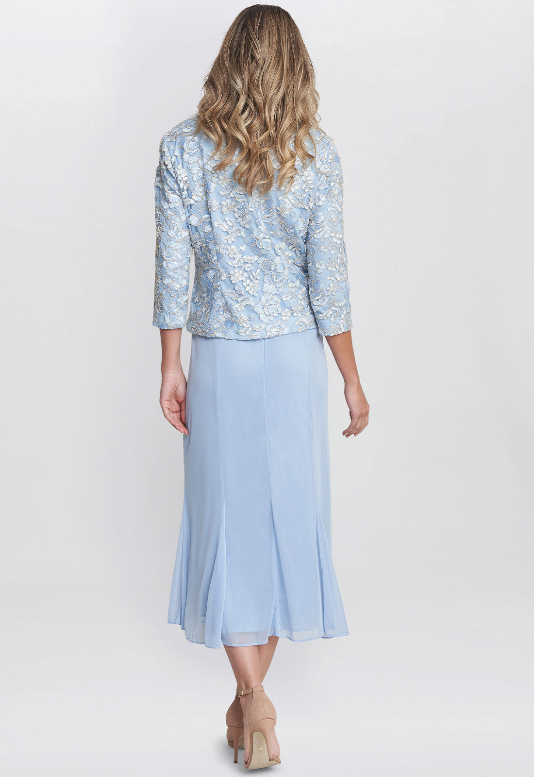 Gina Bacconi Blue Joyce Midi Dress And Jacket With Embroidered Lace