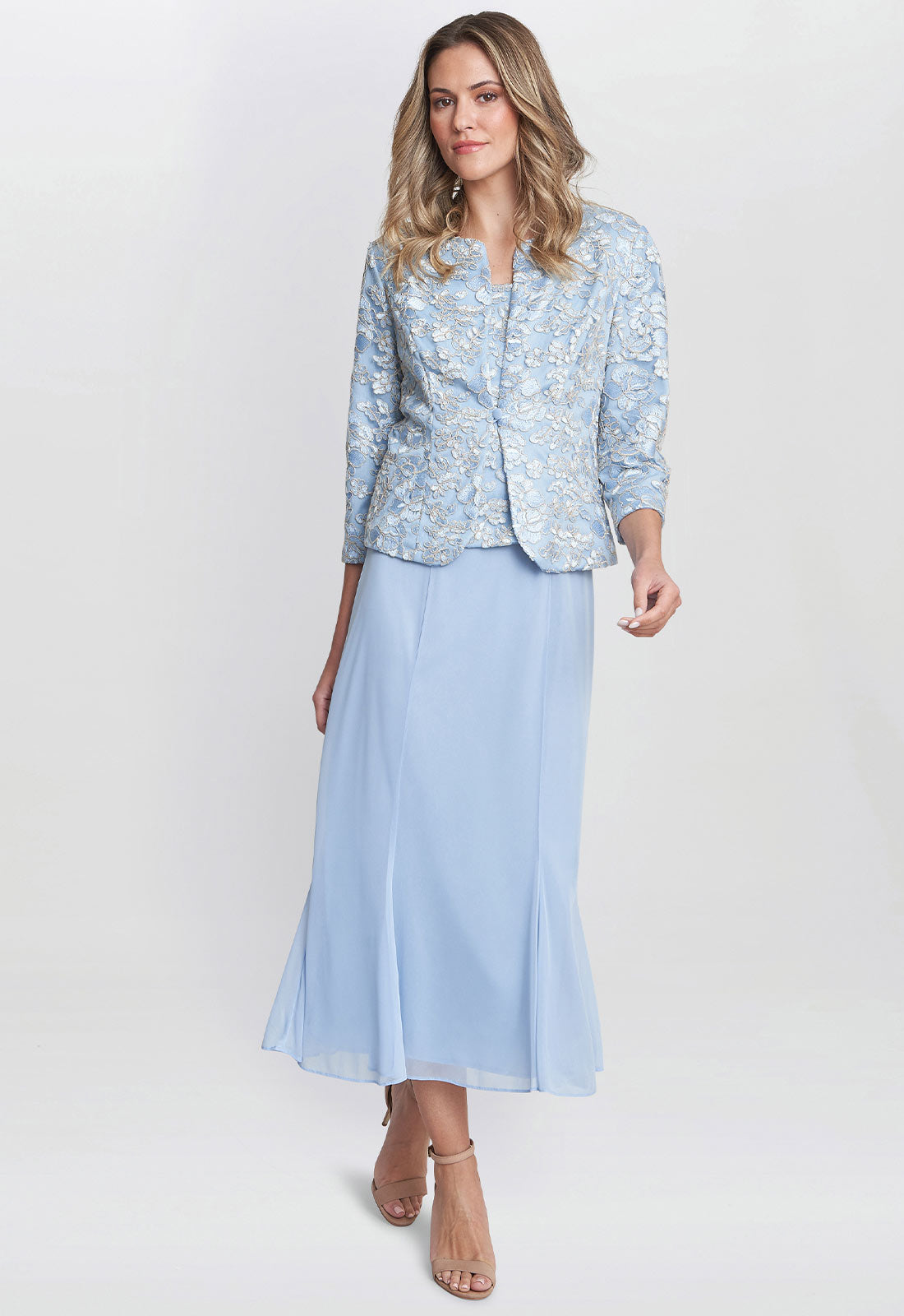 Gina Bacconi Blue Joyce Midi Dress And Jacket With Embroidered Lace