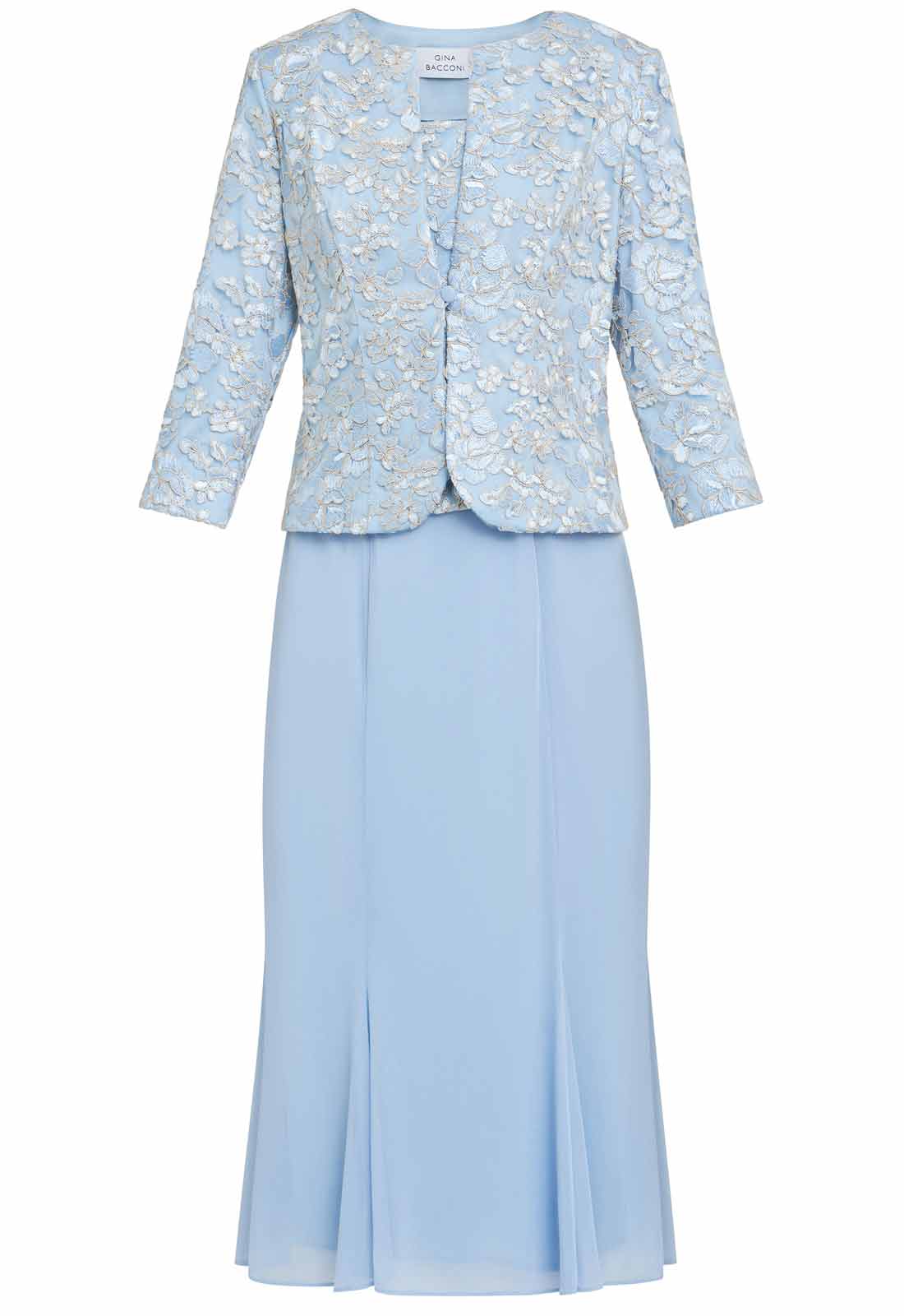 Gina Bacconi Blue Joyce Midi Dress And Jacket With Embroidered Lace