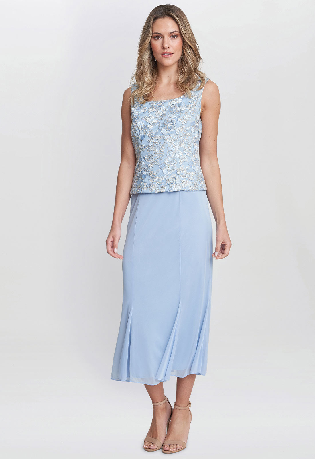 Gina Bacconi Blue Joyce Midi Dress And Jacket With Embroidered Lace