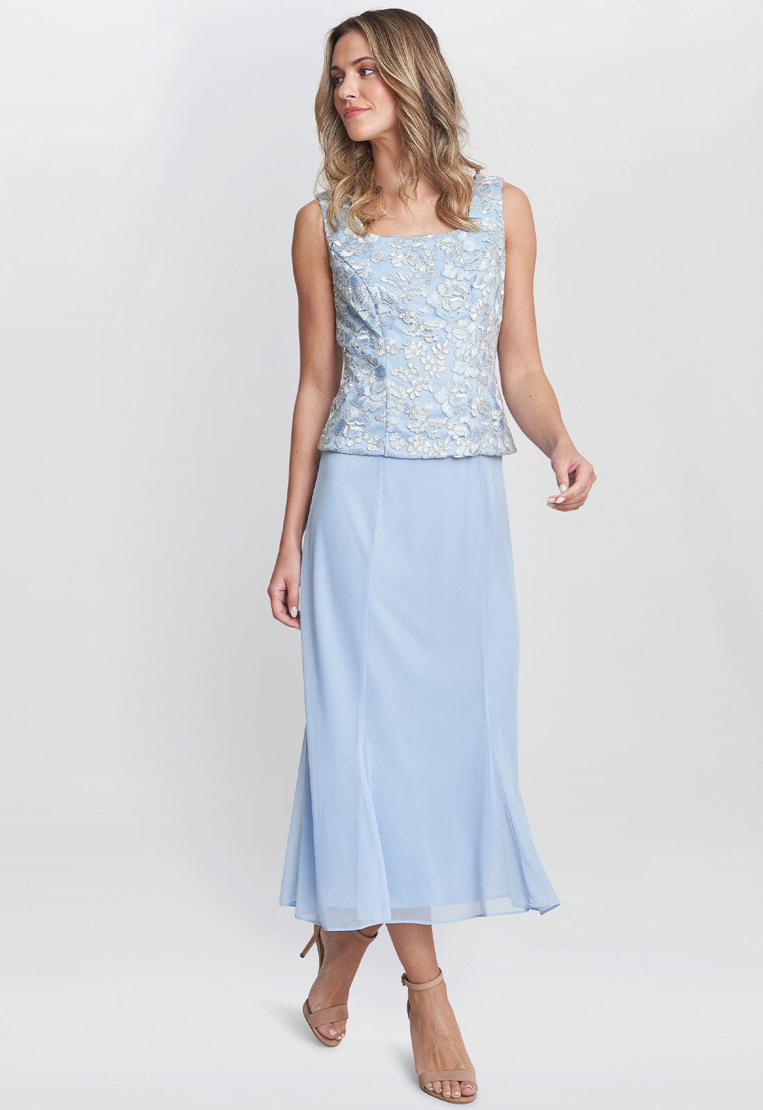 Gina Bacconi Blue Joyce Midi Dress And Jacket With Embroidered Lace