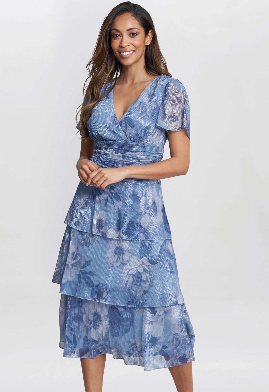 Gina Bacconi Blue Metallic Cherie Midi Printed Metallic Tier Dress