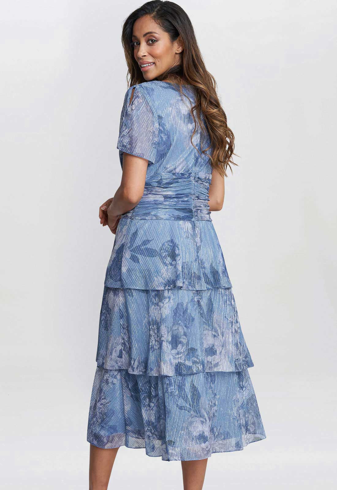 Gina Bacconi Blue Metallic Cherie Midi Printed Metallic Tier Dress