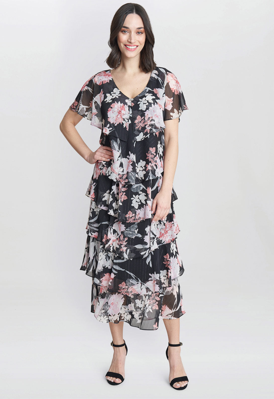 Gina Bacconi Black Janice V Neck Printed Midi Length Tiered Dress