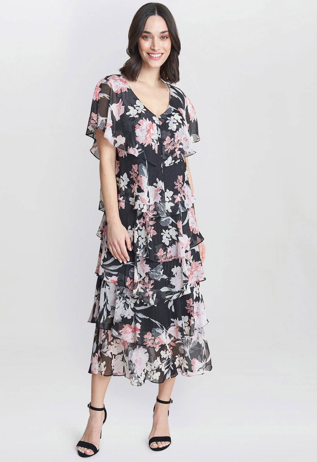 Gina Bacconi Black Janice V Neck Printed Midi Length Tiered Dress