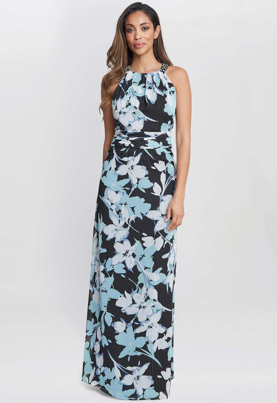 Gina Bacconi Black and Multi Irina Printed Halter Neck Maxi Dress