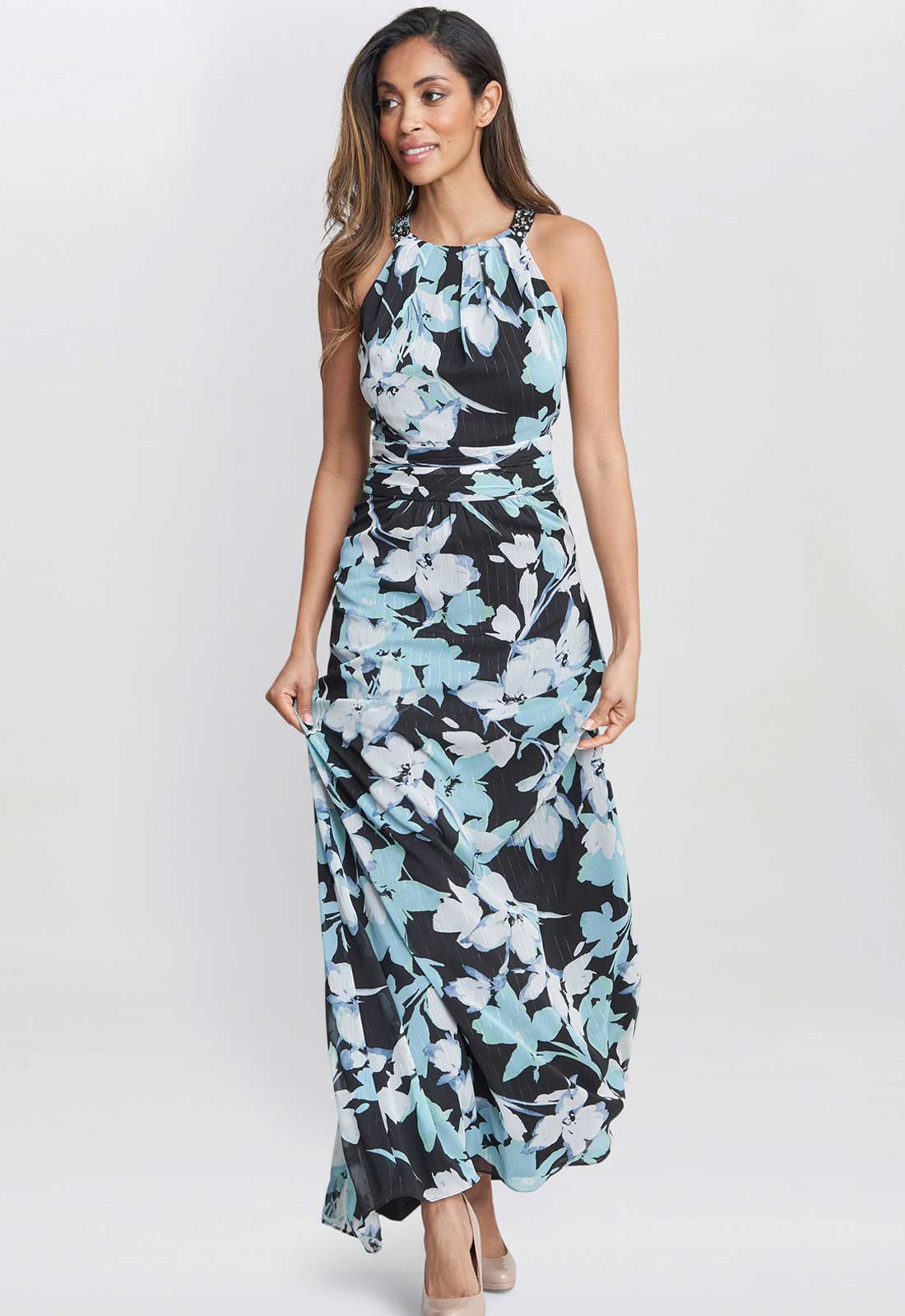 Gina Bacconi Black and Multi Irina Printed Halter Neck Maxi Dress